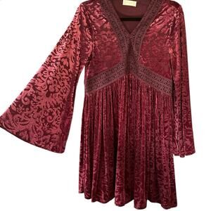 Y2K Altar'd State Dress M Burgundy Velvet Burnout Bell Sleeve Whimsigoth Fairy